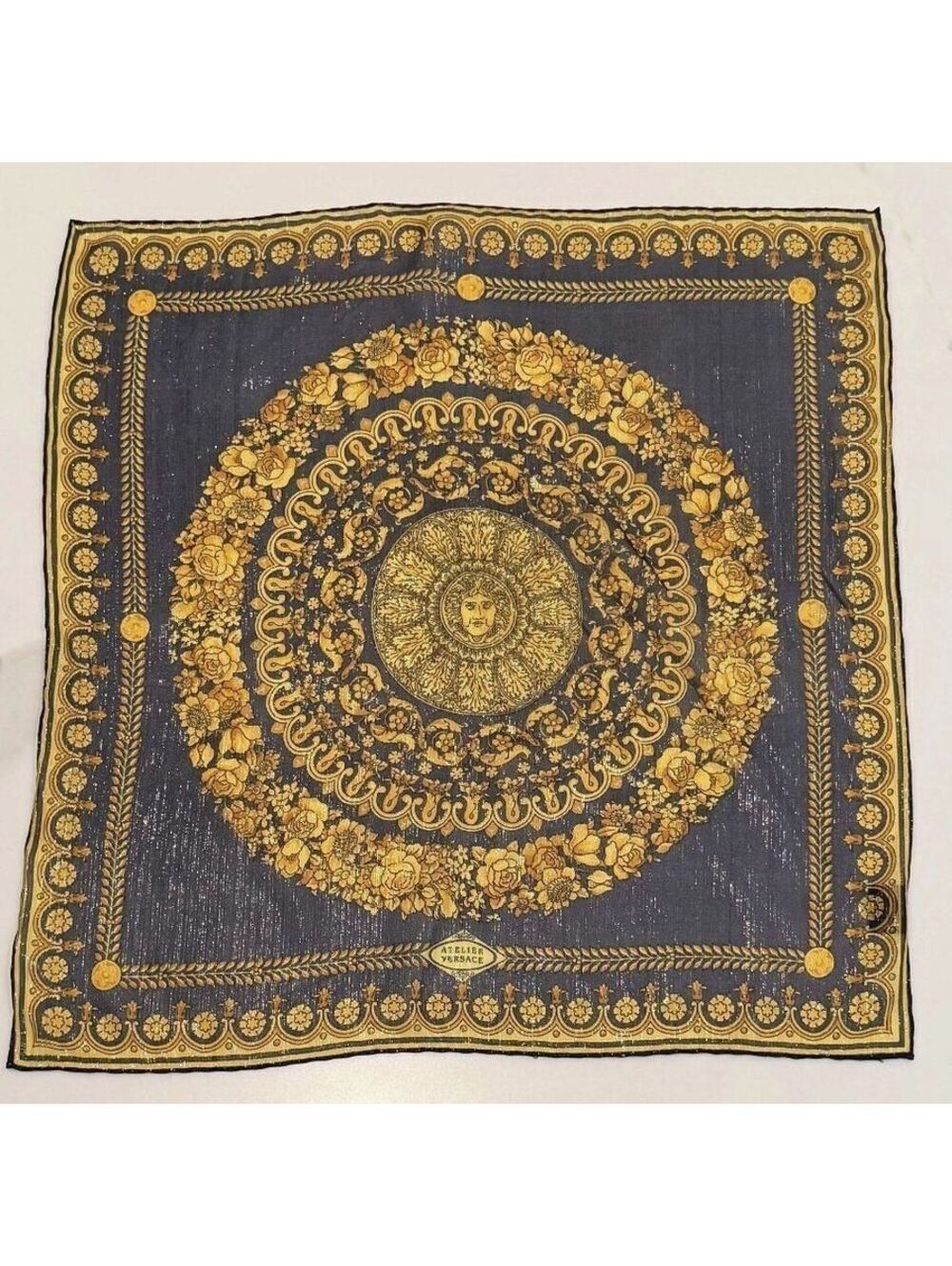 Vintage Atelier Versace Silk Pocket Square Scarf Medusa Baroque Navy Gold 16"